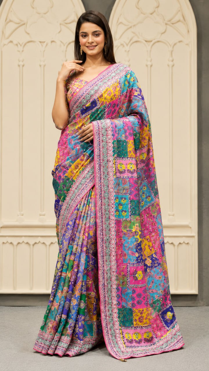 Designer Soft Chinon Silk Saree with Real Mirror Handwork, Piping Border & Latkan Tassels | Wedding & Festive Wear   HE-BUY-(Z)-0119