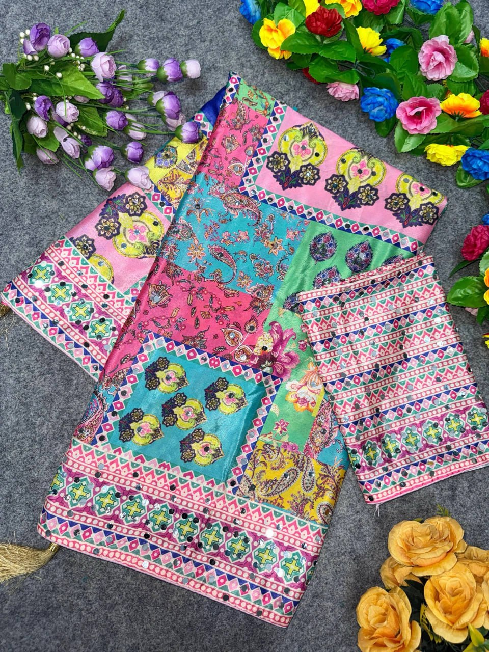 Designer Soft Chinon Silk Saree with Real Mirror Handwork, Piping Border & Latkan Tassels | Wedding & Festive Wear   HE-BUY-(Z)-0119