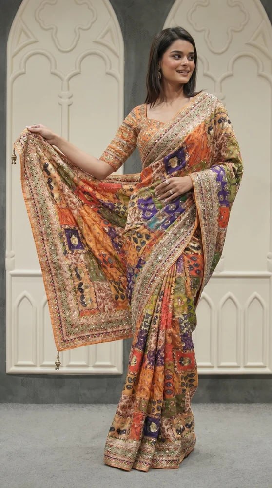 Designer Soft Chinon Silk Saree with Real Mirror Handwork, Piping Border & Latkan Tassels | Wedding & Festive Wear  HE-BUY-(Z)-0120