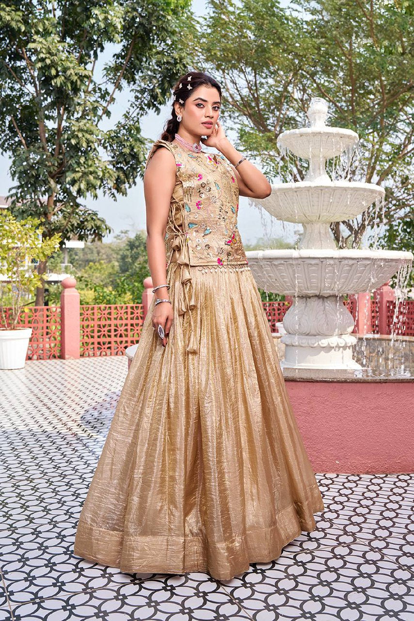 Wedding Collection Pure Gold Crush Lehenga Choli with Embroidered Shrug - Fully Stitched (A)166
