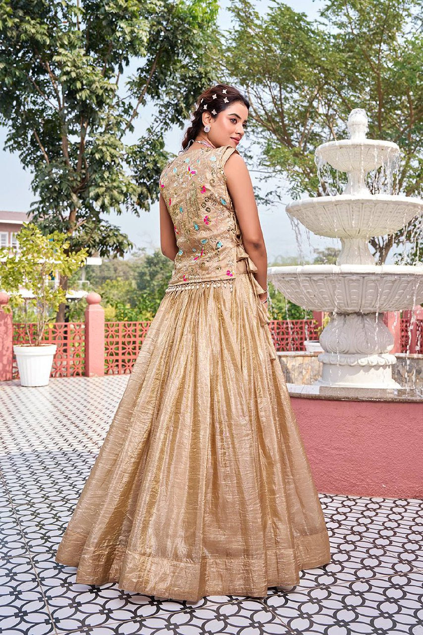Wedding Collection Pure Gold Crush Lehenga Choli with Embroidered Shrug - Fully Stitched (A)166