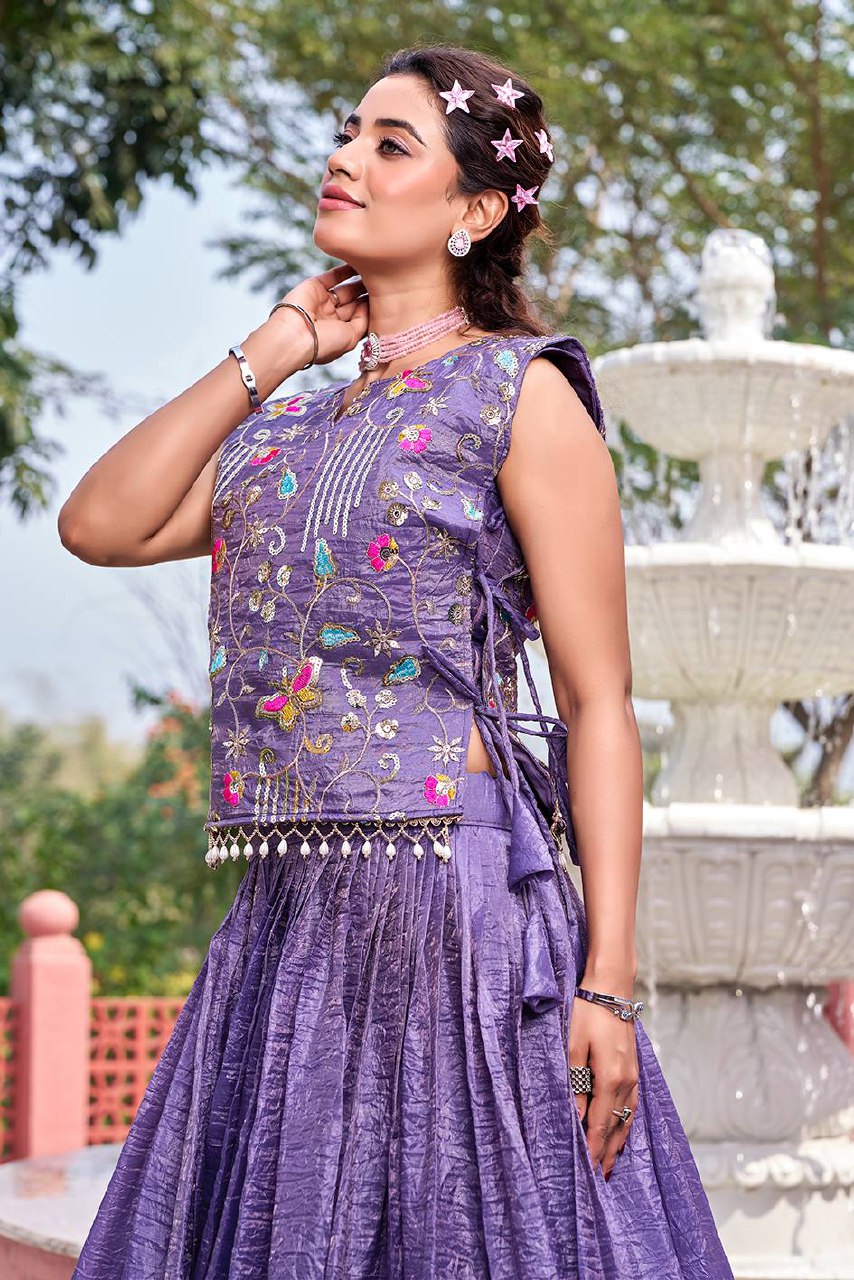 Wedding Collection Pure Gold Crush Lehenga Choli with Embroidered Shrug - Fully Stitched (A)166
