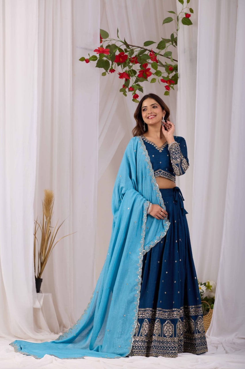 Kalakruti Designer Vichitra Lehenga Choli with Dupatta | 3.50 Meter Flair | Sequence Embroidery & Thread Work | Fully Stitched Festive Wear