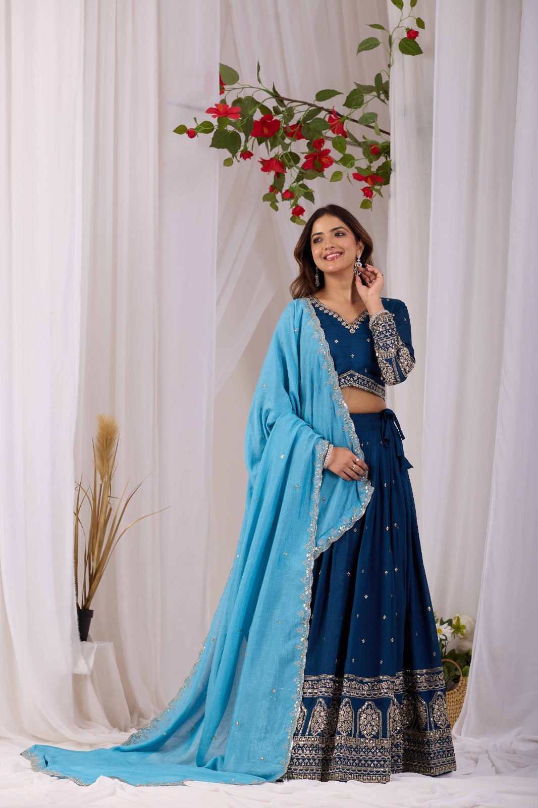 Kalakruti Designer Vichitra Lehenga Choli with Dupatta | 3.50 Meter Flair | Sequence Embroidery & Thread Work | Fully Stitched Festive Wear