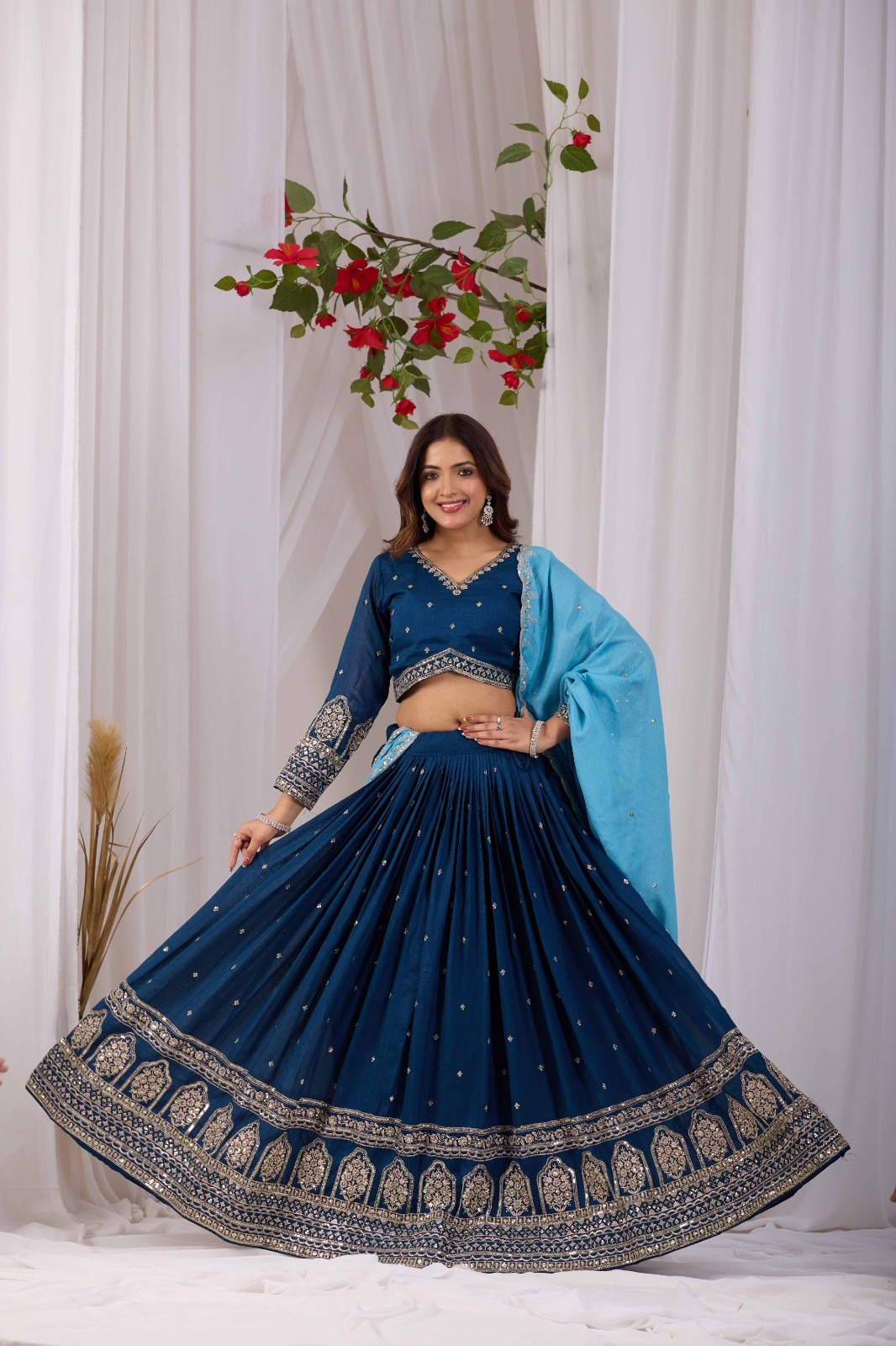 Kalakruti Designer Vichitra Lehenga Choli with Dupatta | 3.50 Meter Flair | Sequence Embroidery & Thread Work | Fully Stitched Festive Wear