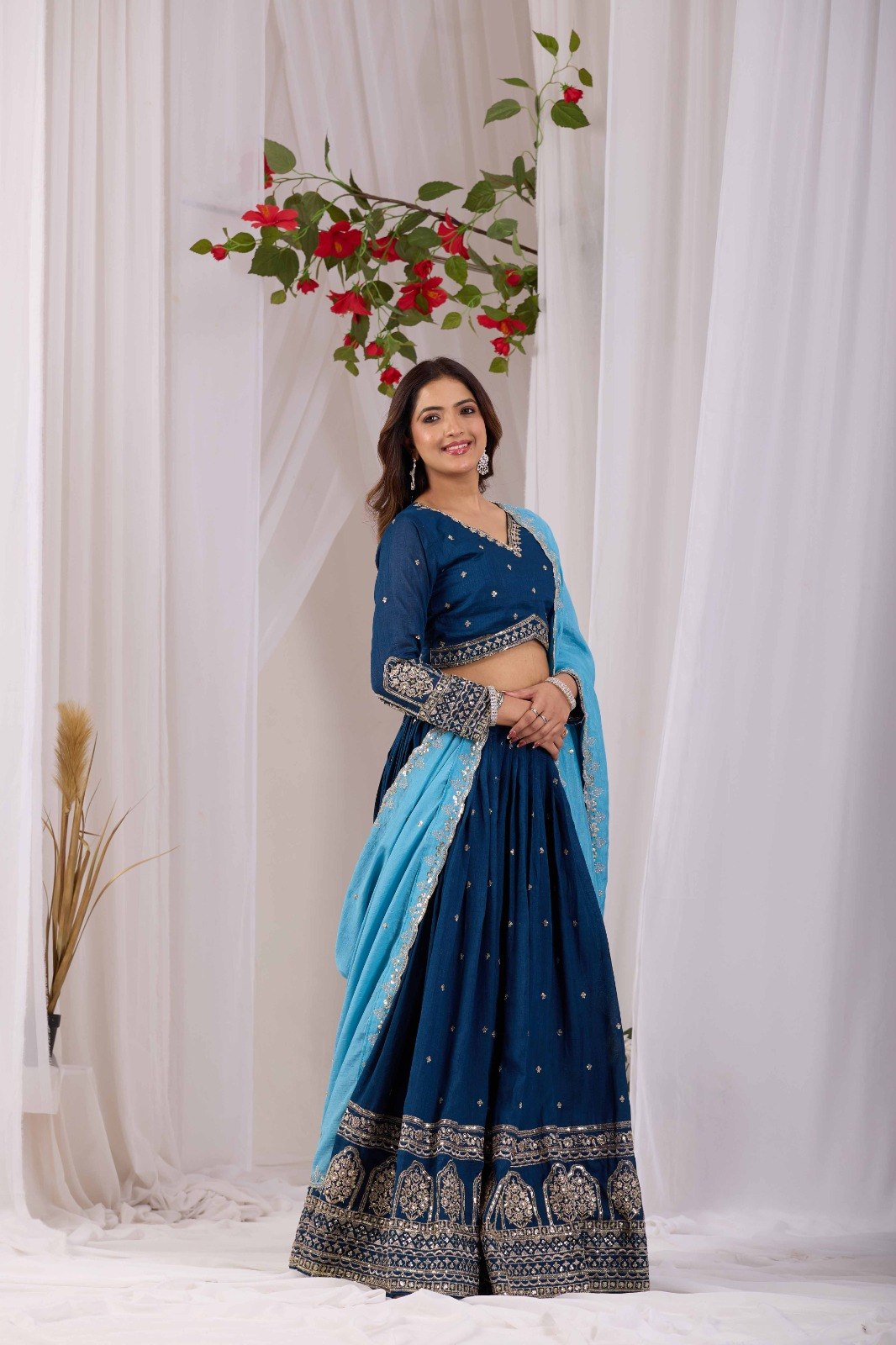 Kalakruti Designer Vichitra Lehenga Choli with Dupatta | 3.50 Meter Flair | Sequence Embroidery & Thread Work | Fully Stitched Festive Wear