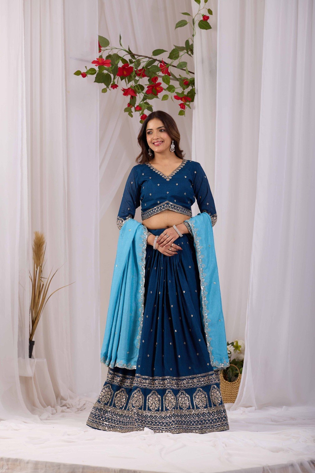 Kalakruti Designer Vichitra Lehenga Choli with Dupatta | 3.50 Meter Flair | Sequence Embroidery & Thread Work | Fully Stitched Festive Wear