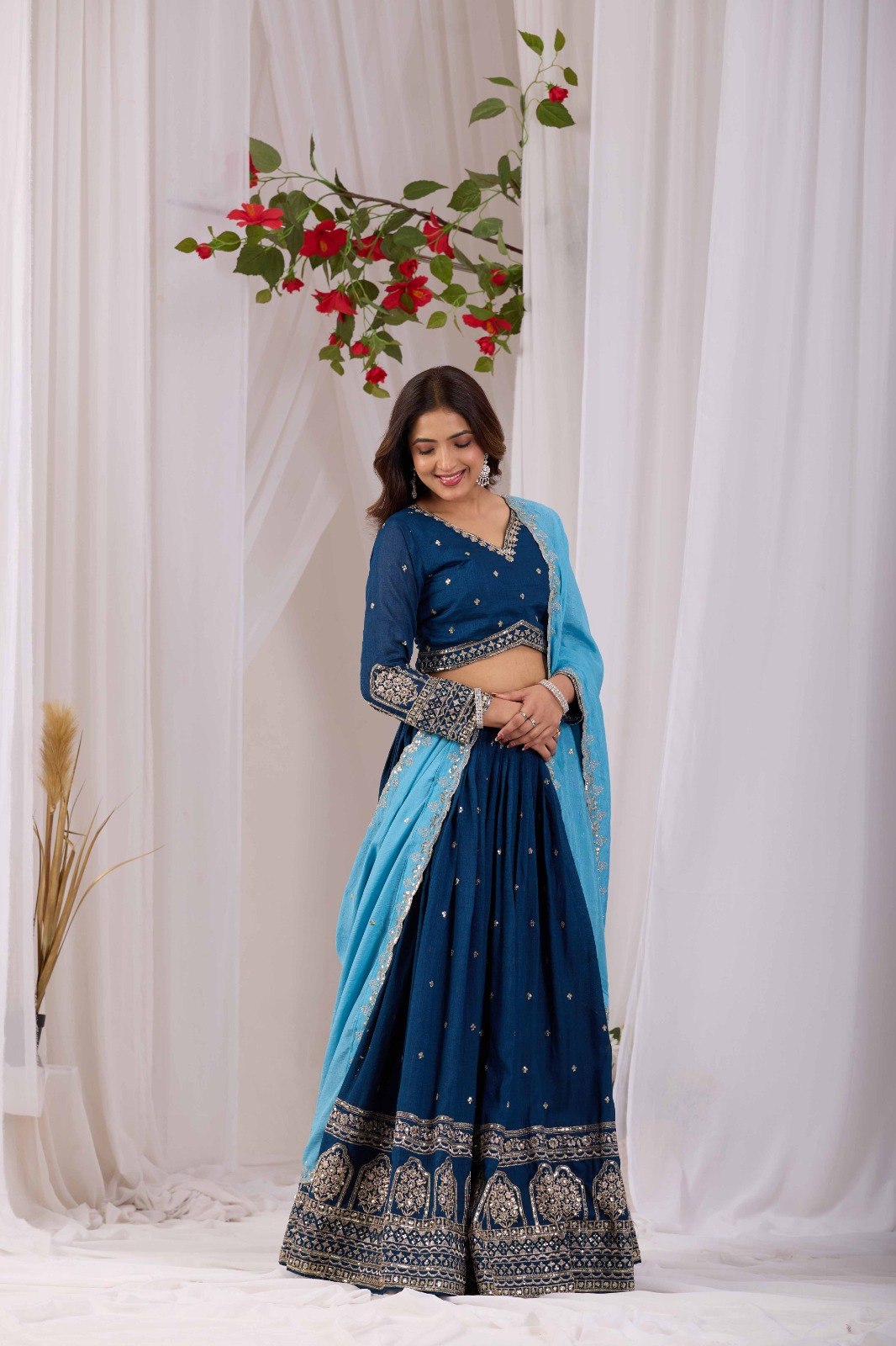 Kalakruti Designer Vichitra Lehenga Choli with Dupatta | 3.50 Meter Flair | Sequence Embroidery & Thread Work | Fully Stitched Festive Wear