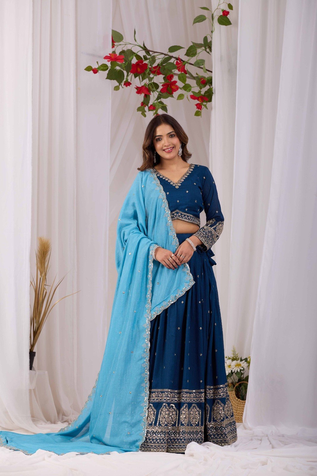 Kalakruti Designer Vichitra Lehenga Choli with Dupatta | 3.50 Meter Flair | Sequence Embroidery & Thread Work | Fully Stitched Festive Wear