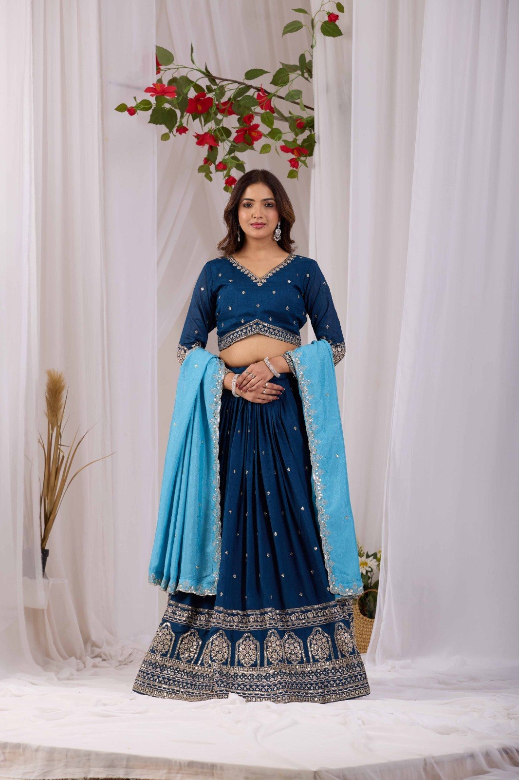 Kalakruti Designer Vichitra Lehenga Choli with Dupatta | 3.50 Meter Flair | Sequence Embroidery & Thread Work | Fully Stitched Festive Wear