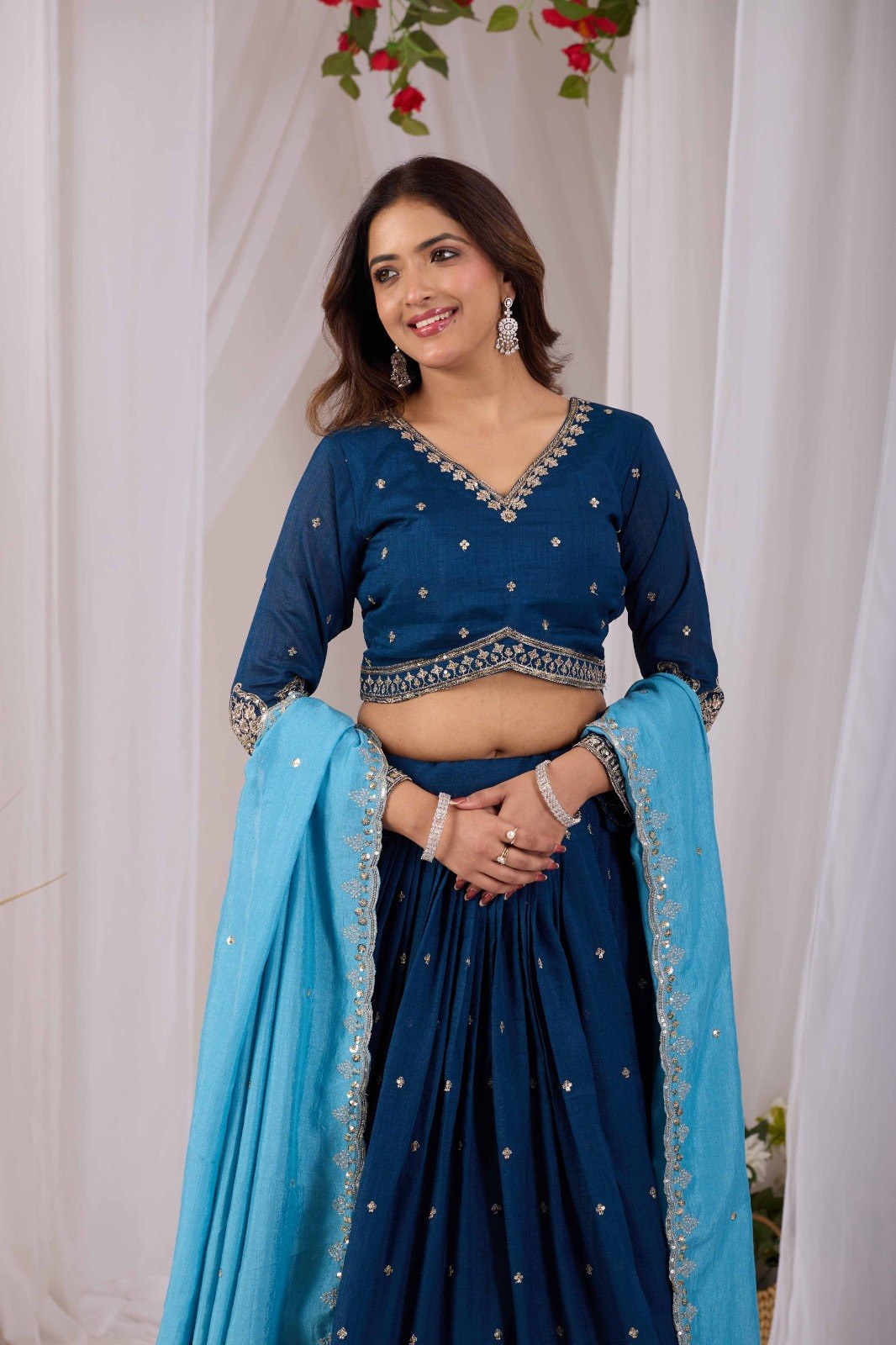 Kalakruti Designer Vichitra Lehenga Choli with Dupatta | 3.50 Meter Flair | Sequence Embroidery & Thread Work | Fully Stitched Festive Wear