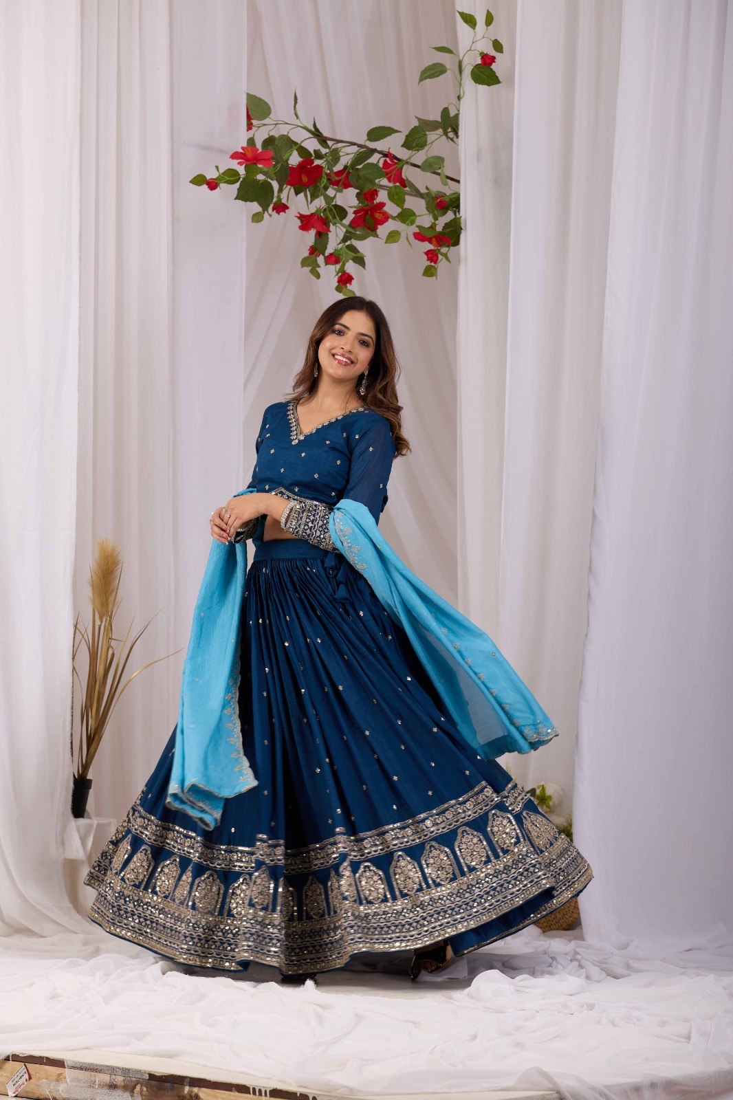 Kalakruti Designer Vichitra Lehenga Choli with Dupatta | 3.50 Meter Flair | Sequence Embroidery & Thread Work | Fully Stitched Festive Wear