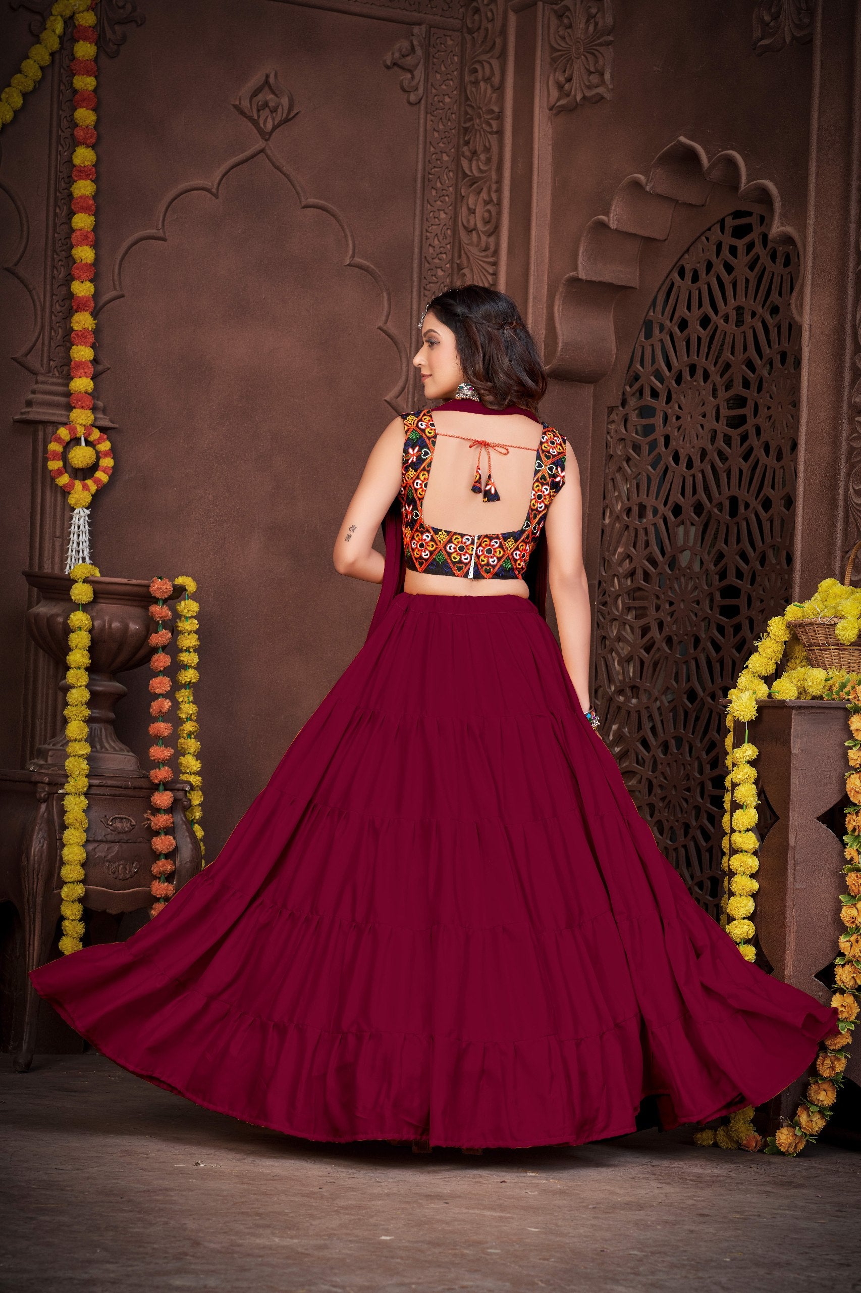 Navratri Special French Crepe Chaniya Choli with Kutchi Mirror Work Blouse