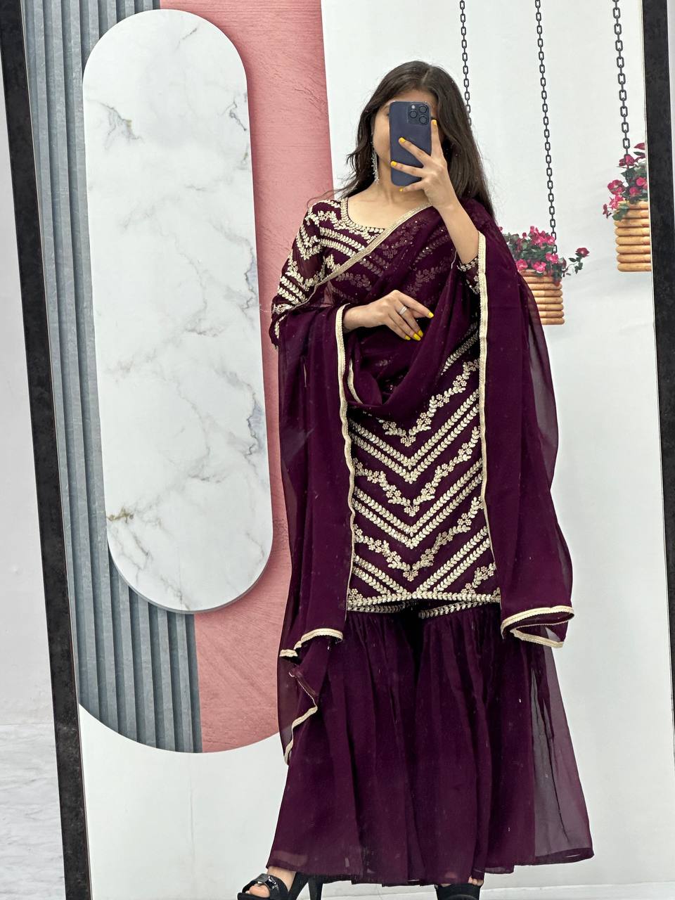 Premium Heavy Fox Georgette Embroidered Suit with Sharara & Dupatta | Designer Party, Wedding & Festive Wear Collection HE-BUY-(E)-04