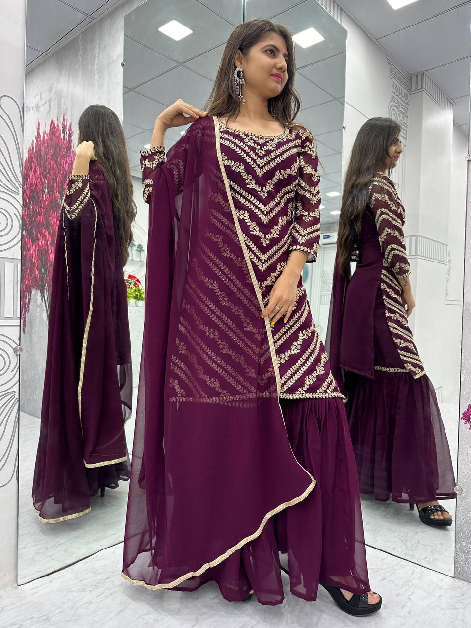Premium Heavy Fox Georgette Embroidered Suit with Sharara & Dupatta | Designer Party, Wedding & Festive Wear Collection HE-BUY-(E)-04