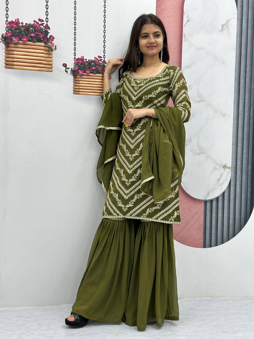 Premium Heavy Fox Georgette Embroidered Suit with Sharara & Dupatta | Designer Party, Wedding & Festive Wear Collection HE-BUY-(E)-04