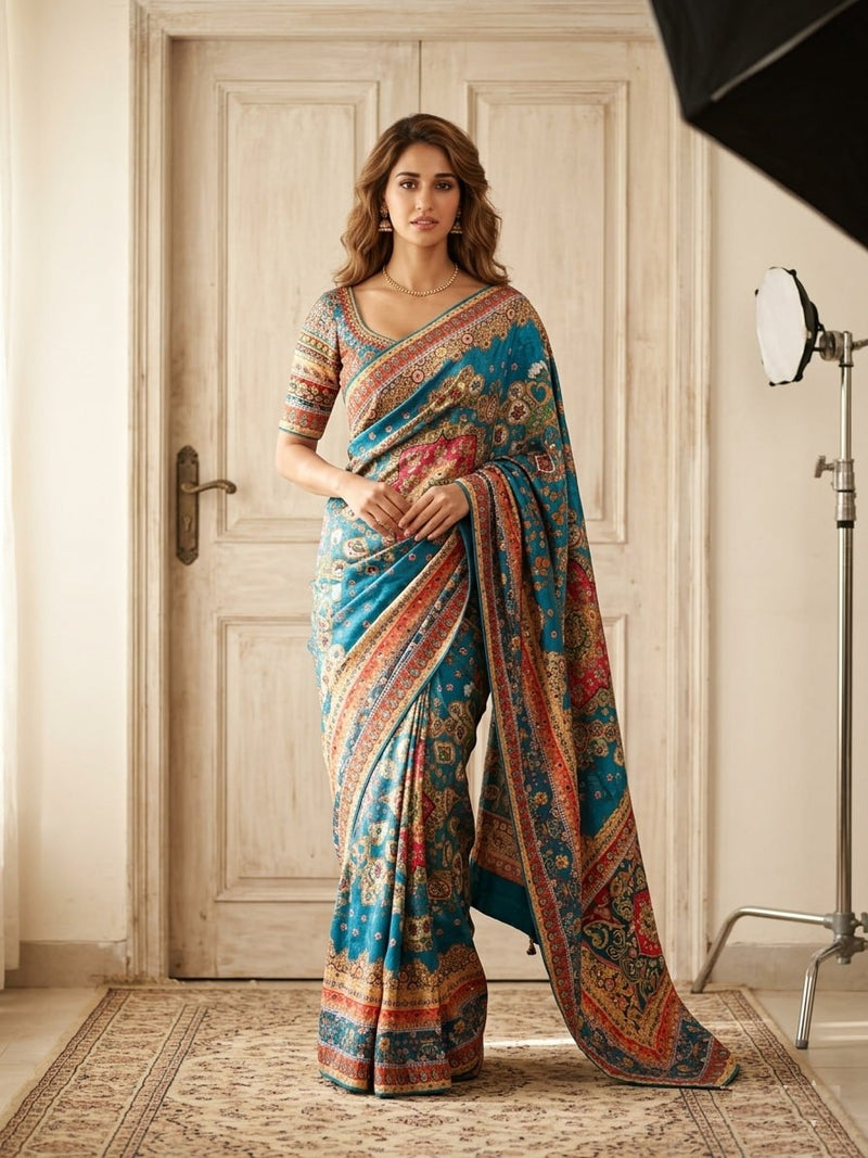 Designer Soft Chinon Silk Saree with Real Mirror Handwork, Piping Border & Latkan Tassels | Wedding & Festive Wear  HE-BUY-(Z)-0121