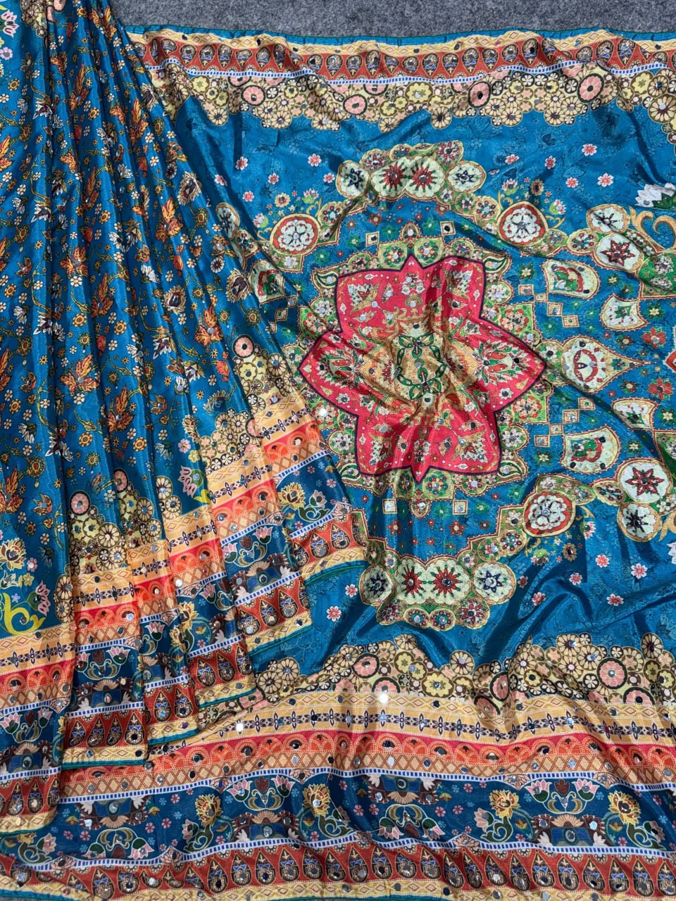 Designer Soft Chinon Silk Saree with Real Mirror Handwork, Piping Border & Latkan Tassels | Wedding & Festive Wear  HE-BUY-(Z)-0121
