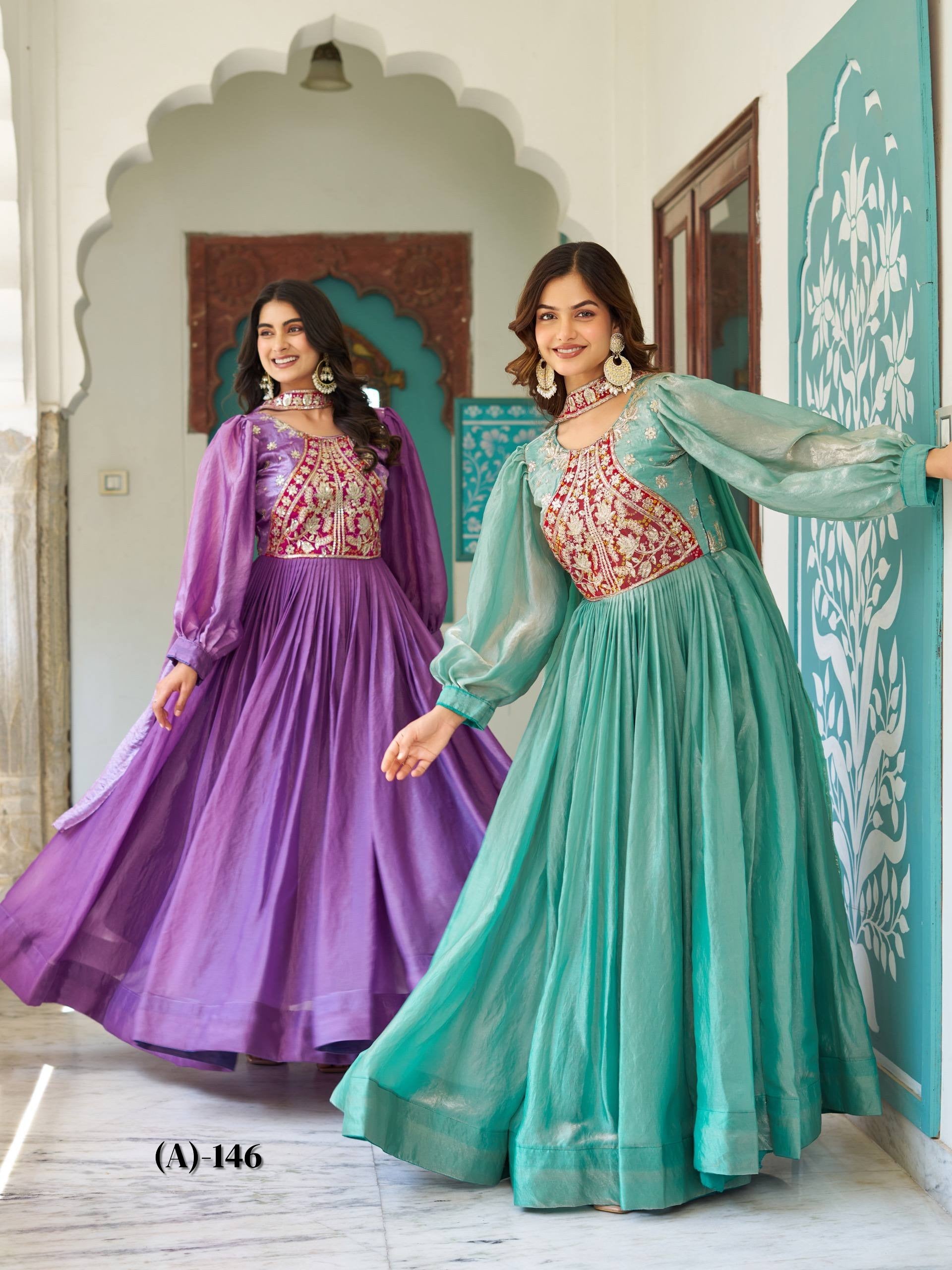 Festival Collection Fendy Silk Long Gown with Heavy Sequence and Thread Embroidery Work - Fully Stitched