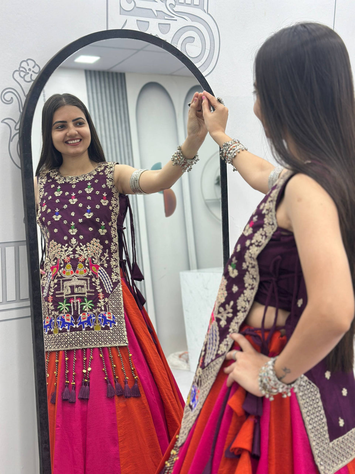 Premium Vichitra Silk Navratri Lehenga Choli with Embroidered Shrug | 6-Meter Flare Designer Garba Collection HE-BUY-(B)-579A
