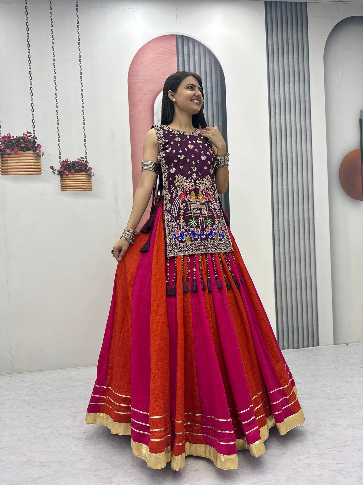 Premium Vichitra Silk Navratri Lehenga Choli with Embroidered Shrug | 6-Meter Flare Designer Garba Collection HE-BUY-(B)-579A