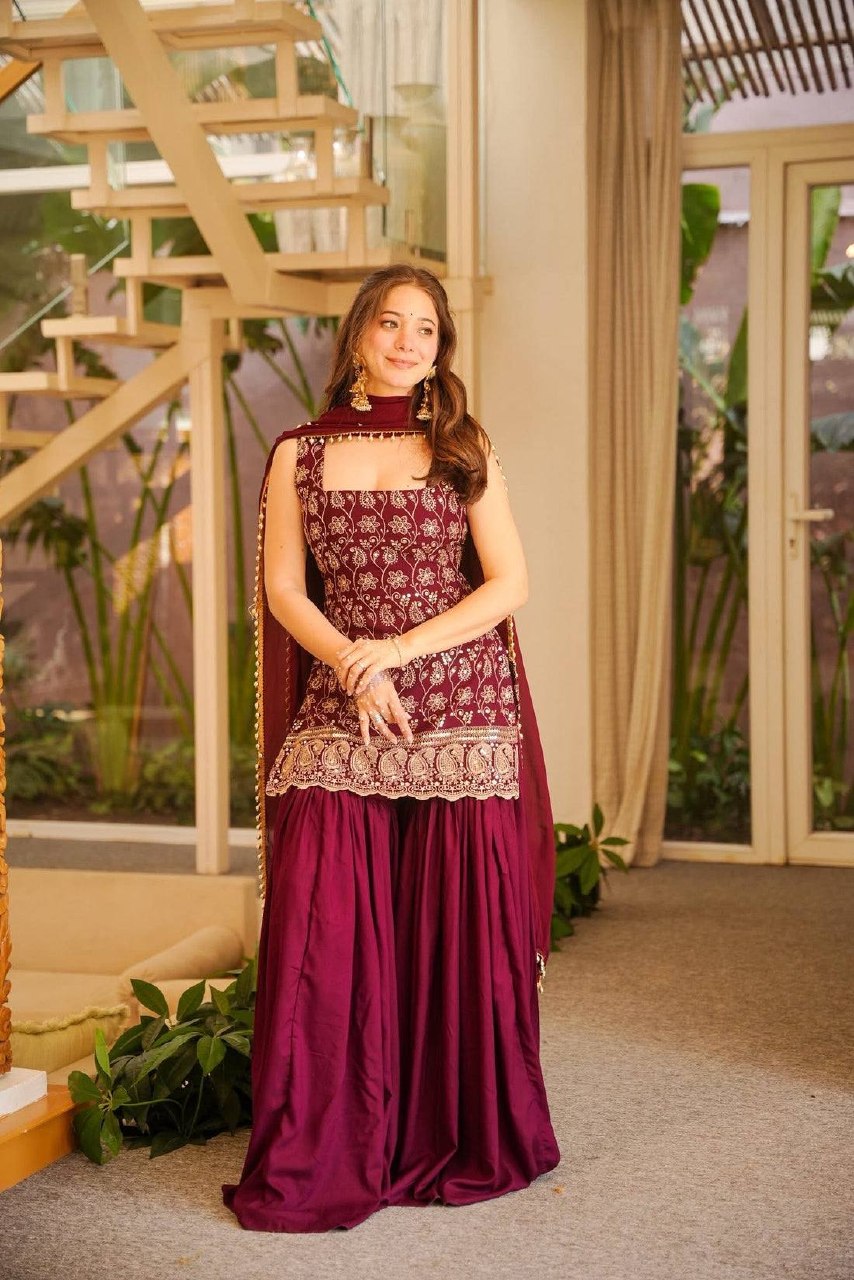 Premium Faux Georgette Kurti Palazzo & Dupatta Set for Women | Heavy Embroidery Work with Fancy Lace | Designer Party, Festive & Wedding Wear Collection HE-BUY-(D)-1192