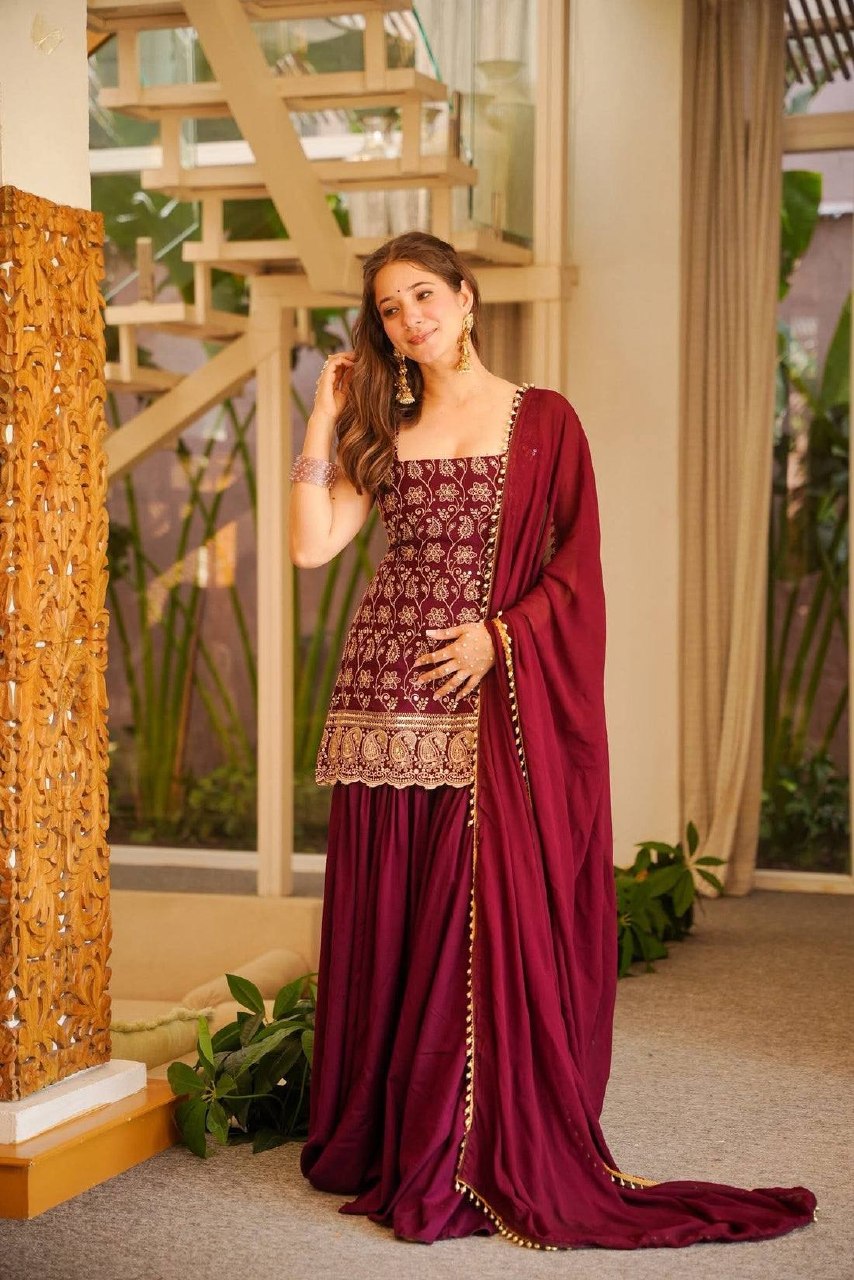 Premium Faux Georgette Kurti Palazzo & Dupatta Set for Women | Heavy Embroidery Work with Fancy Lace | Designer Party, Festive & Wedding Wear Collection HE-BUY-(D)-1192