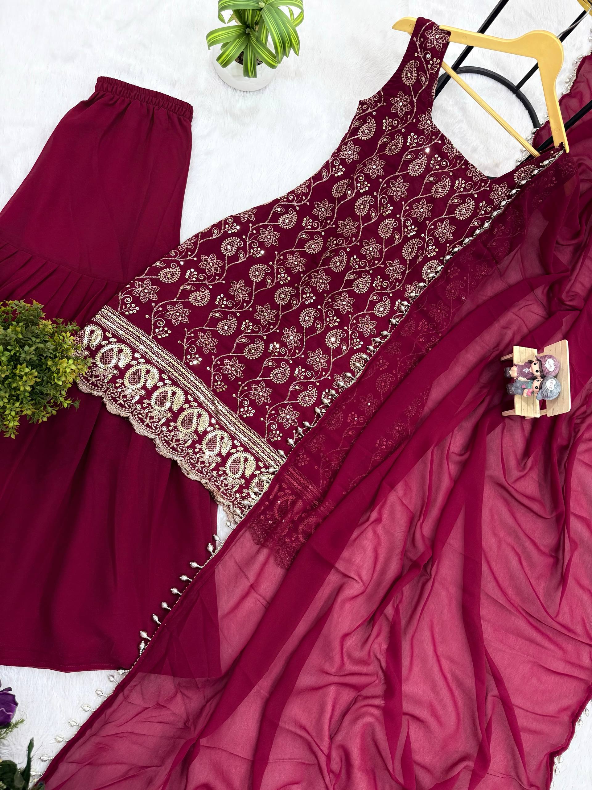 Premium Faux Georgette Kurti Palazzo & Dupatta Set for Women | Heavy Embroidery Work with Fancy Lace | Designer Party, Festive & Wedding Wear Collection HE-BUY-(D)-1192