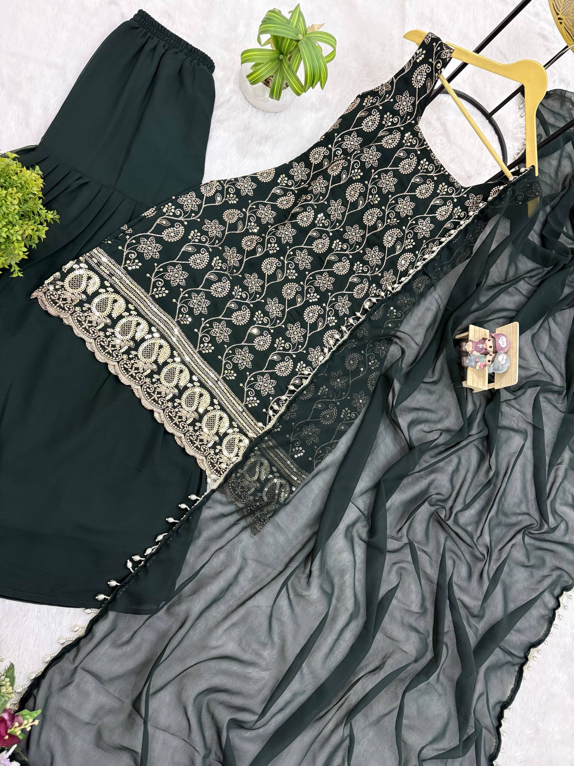 Premium Faux Georgette Kurti Palazzo & Dupatta Set for Women | Heavy Embroidery Work with Fancy Lace | Designer Party, Festive & Wedding Wear Collection HE-BUY-(D)-1192