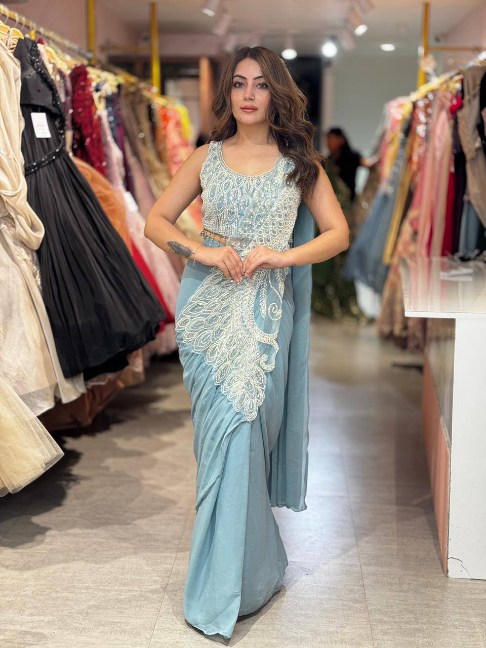 Premium Ready-to-Wear Rangoli Silk Saree with Original Beads, Cut Dana & Sequin Work | Designer Party, Wedding & Festive Wear Collection HE-BUY-(D)-1194