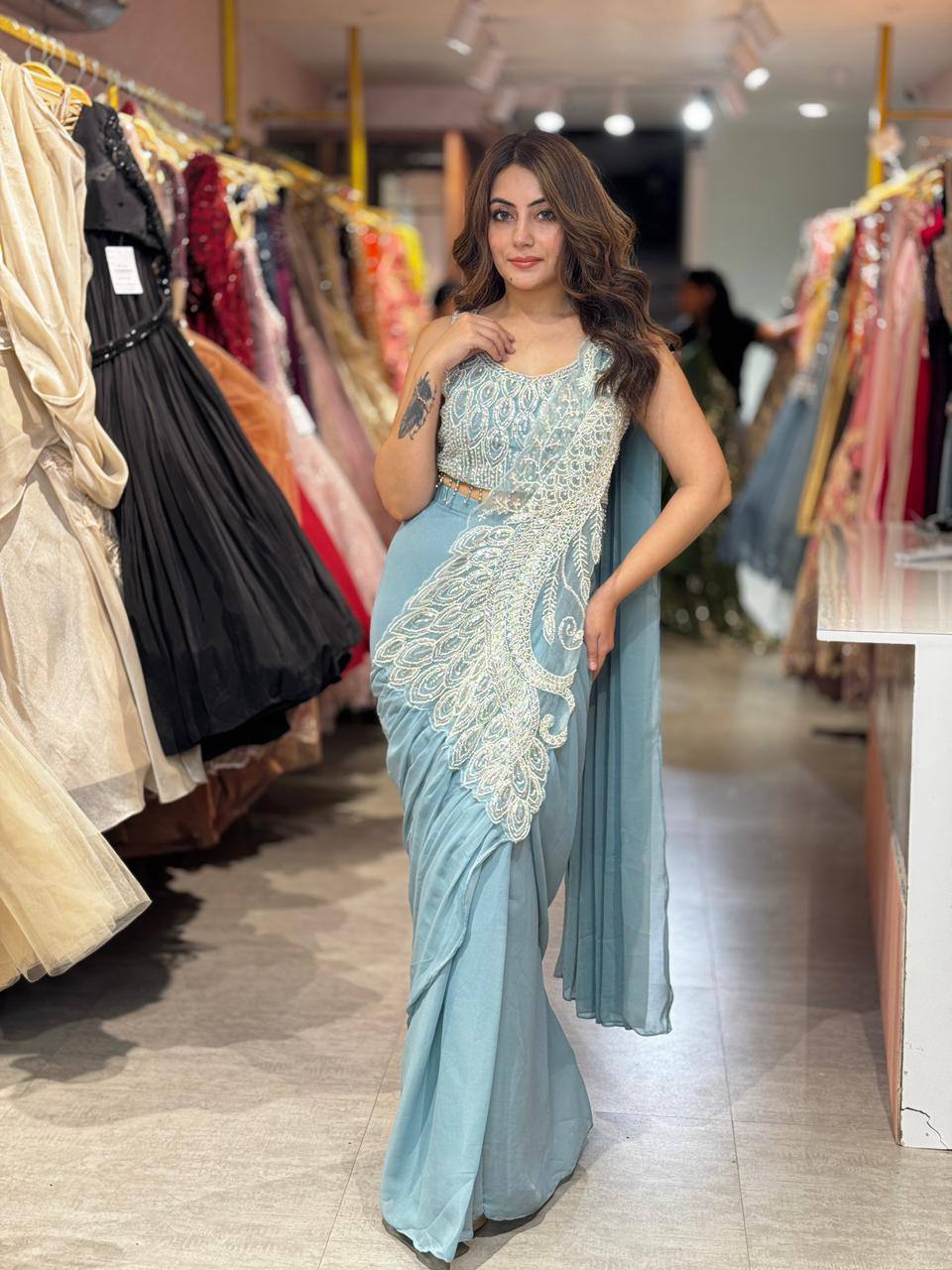 Premium Ready-to-Wear Rangoli Silk Saree with Original Beads, Cut Dana & Sequin Work | Designer Party, Wedding & Festive Wear Collection HE-BUY-(D)-1194