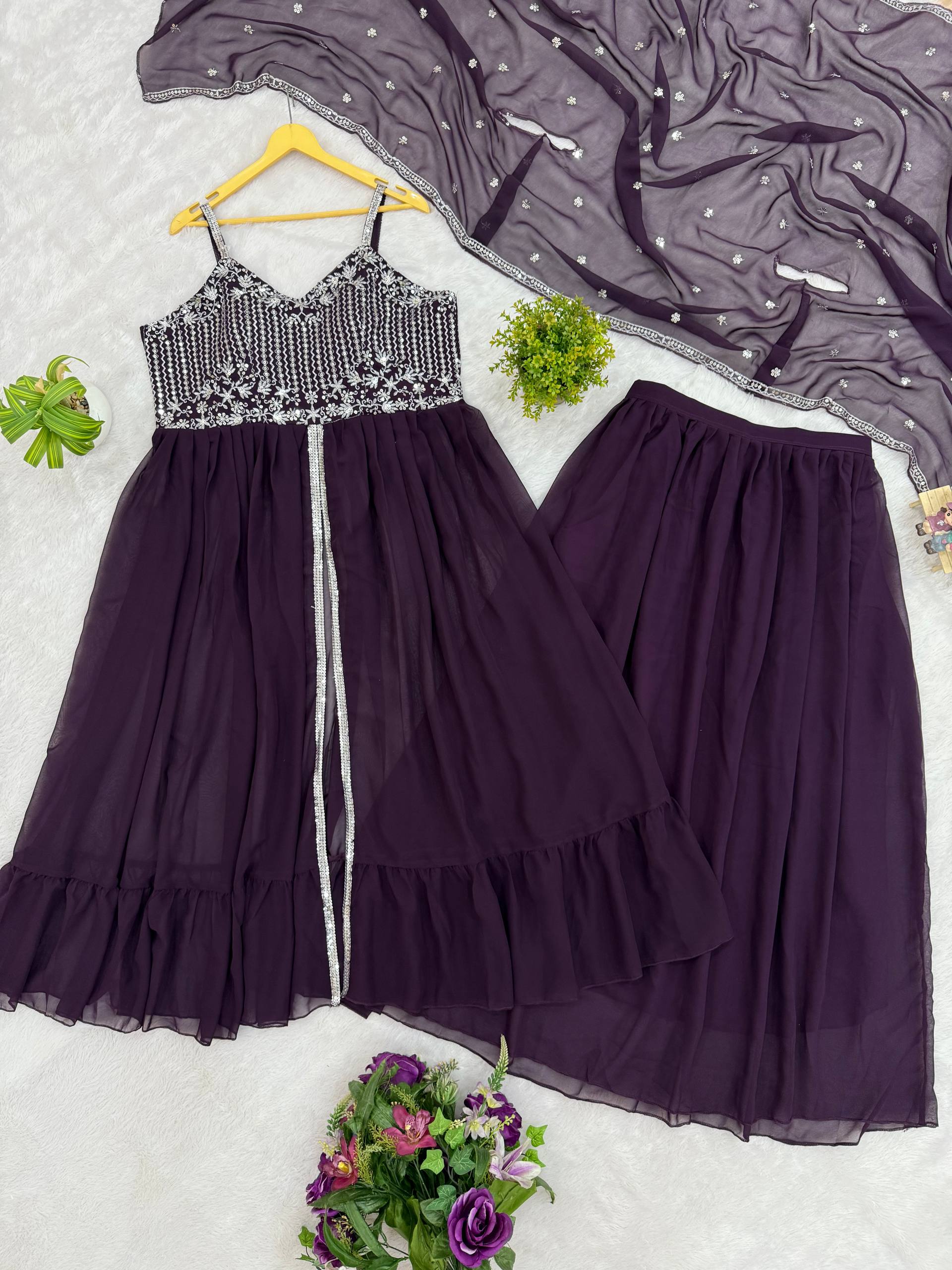 remium Faux Georgette Lehenga with Embroidered Koti & Dupatta | Designer 3-Piece Festive, Wedding & Party Wear Collection HE-BUY-(D)-1139