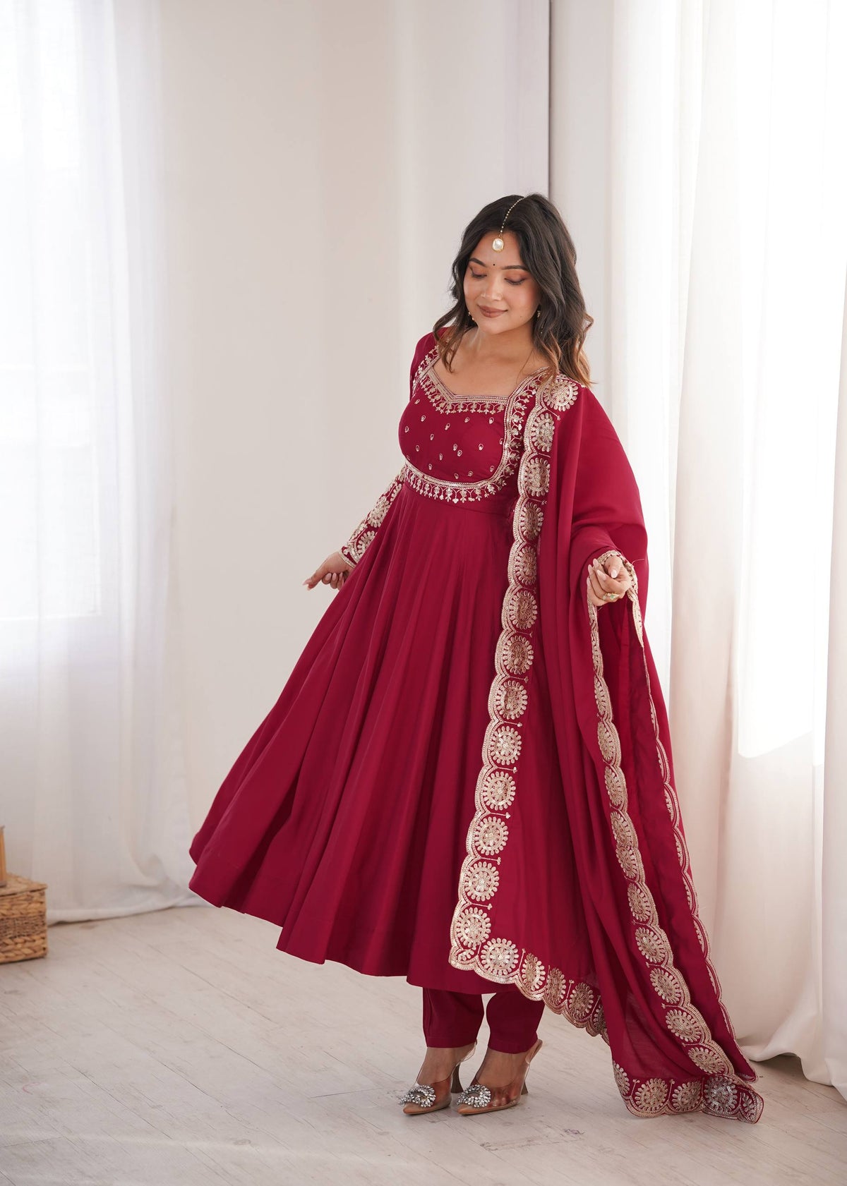 Premium Roman Silk Embroidered Anarkali Suit Set with Bottom & Chanderi Dupatta | Designer Party & Festive Wear HE-BUY-(S)-5026