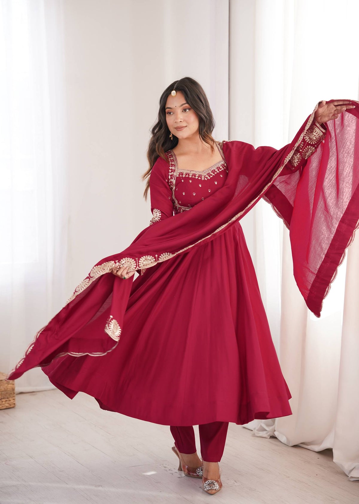 Premium Roman Silk Embroidered Anarkali Suit Set with Bottom & Chanderi Dupatta | Designer Party & Festive Wear HE-BUY-(S)-5026