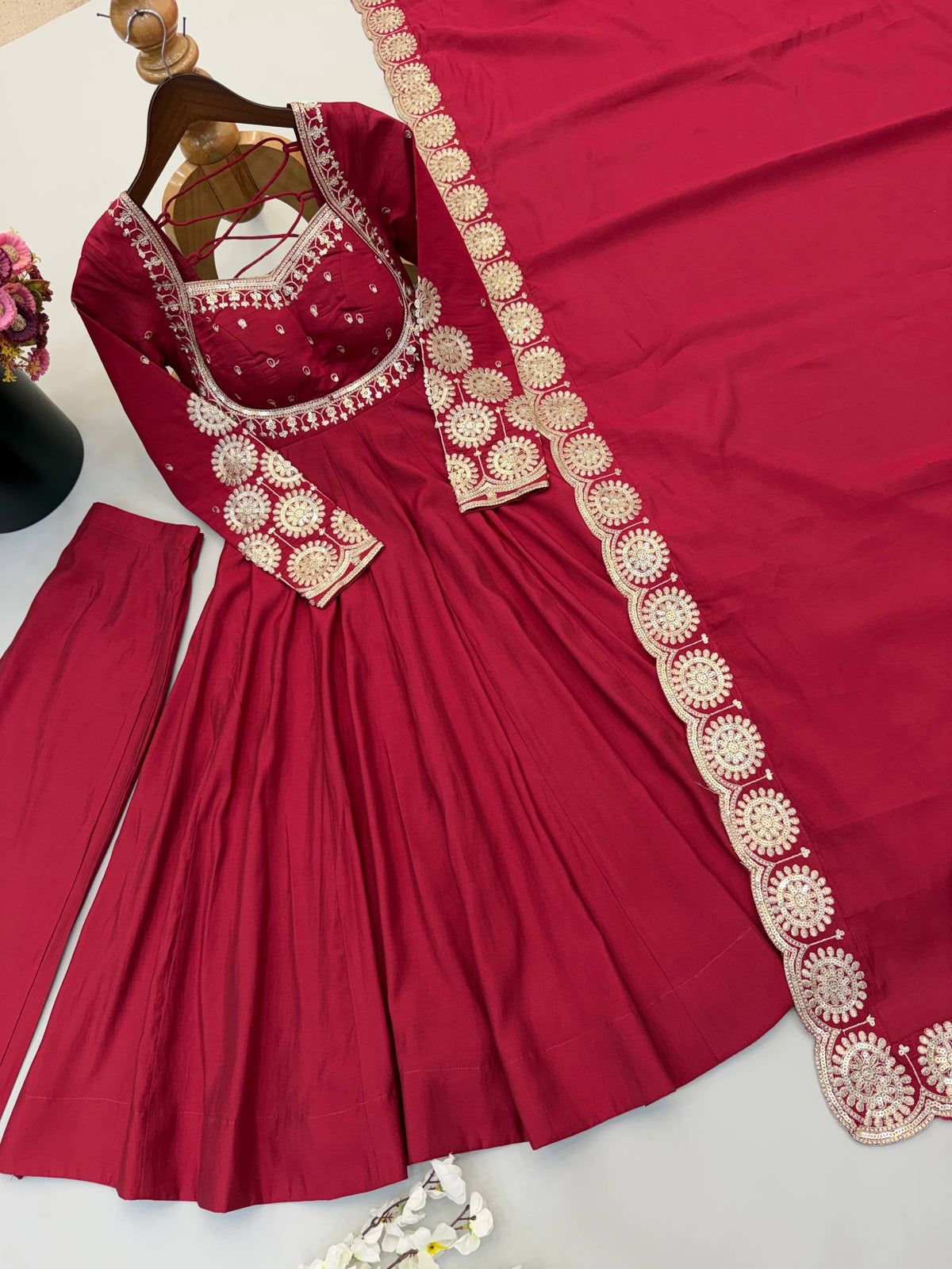 Premium Roman Silk Embroidered Anarkali Suit Set with Bottom & Chanderi Dupatta | Designer Party & Festive Wear HE-BUY-(S)-5026
