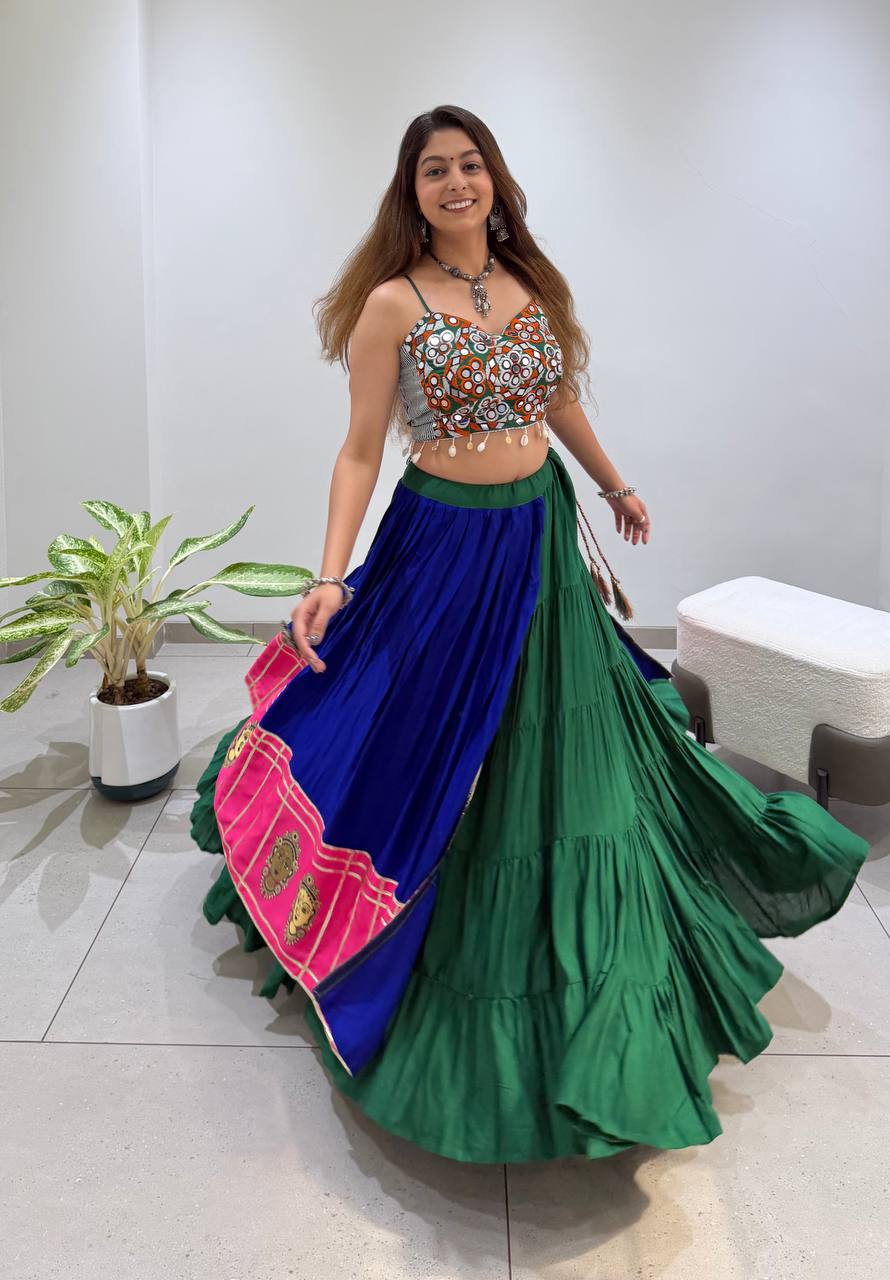 2026 Navratri Lehenga Choli | 6 Meter Full Flair | Real Mirror Embroidery & Gotta Patti Work | Reyon Fabric | Festive Wear HE-BUY-(R)-24