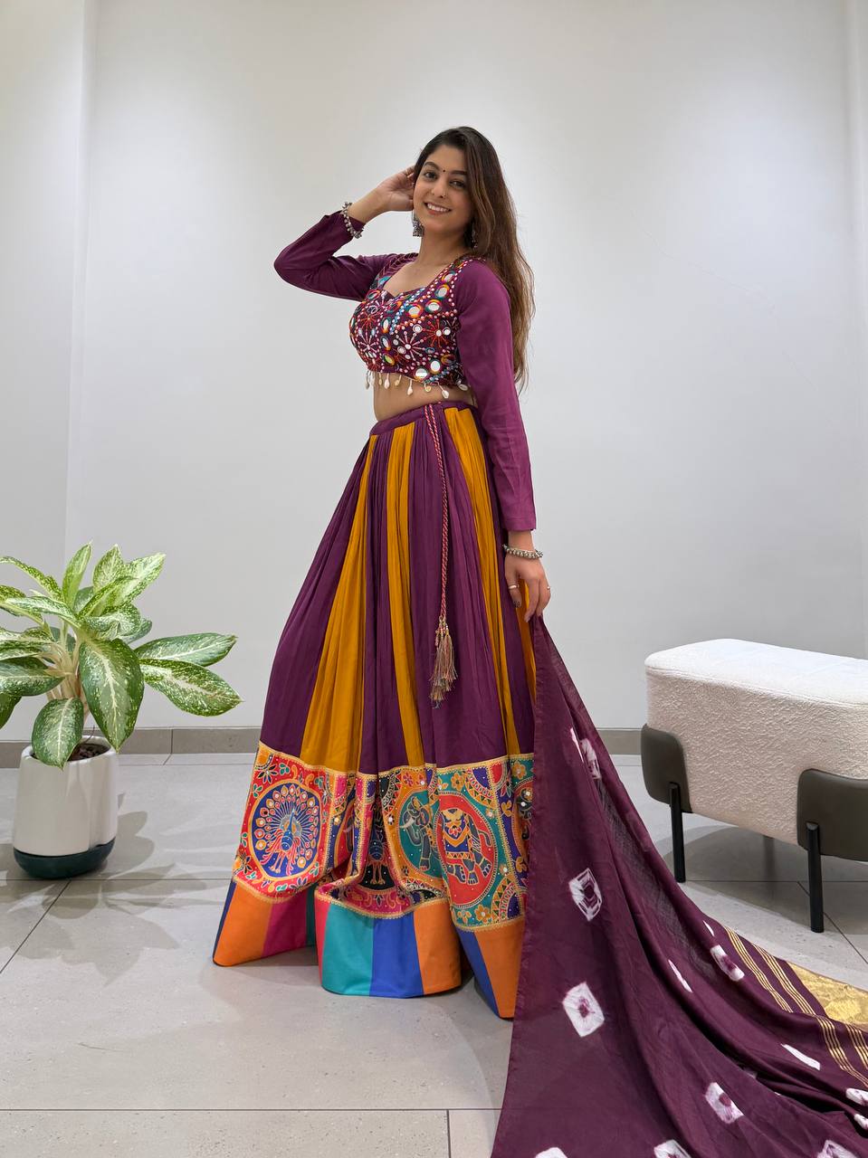 2026 Navratri Lehenga Choli with Bandhni Lagdi Patta Dupatta | 6 Meter Full Flair | Real Mirror & Jarkan Work | Reyon Fabric   HE-BUY-(R)-25