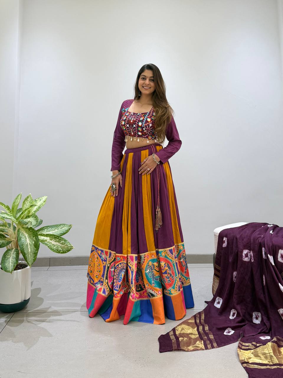 2026 Navratri Lehenga Choli with Bandhni Lagdi Patta Dupatta | 6 Meter Full Flair | Real Mirror & Jarkan Work | Reyon Fabric   HE-BUY-(R)-25