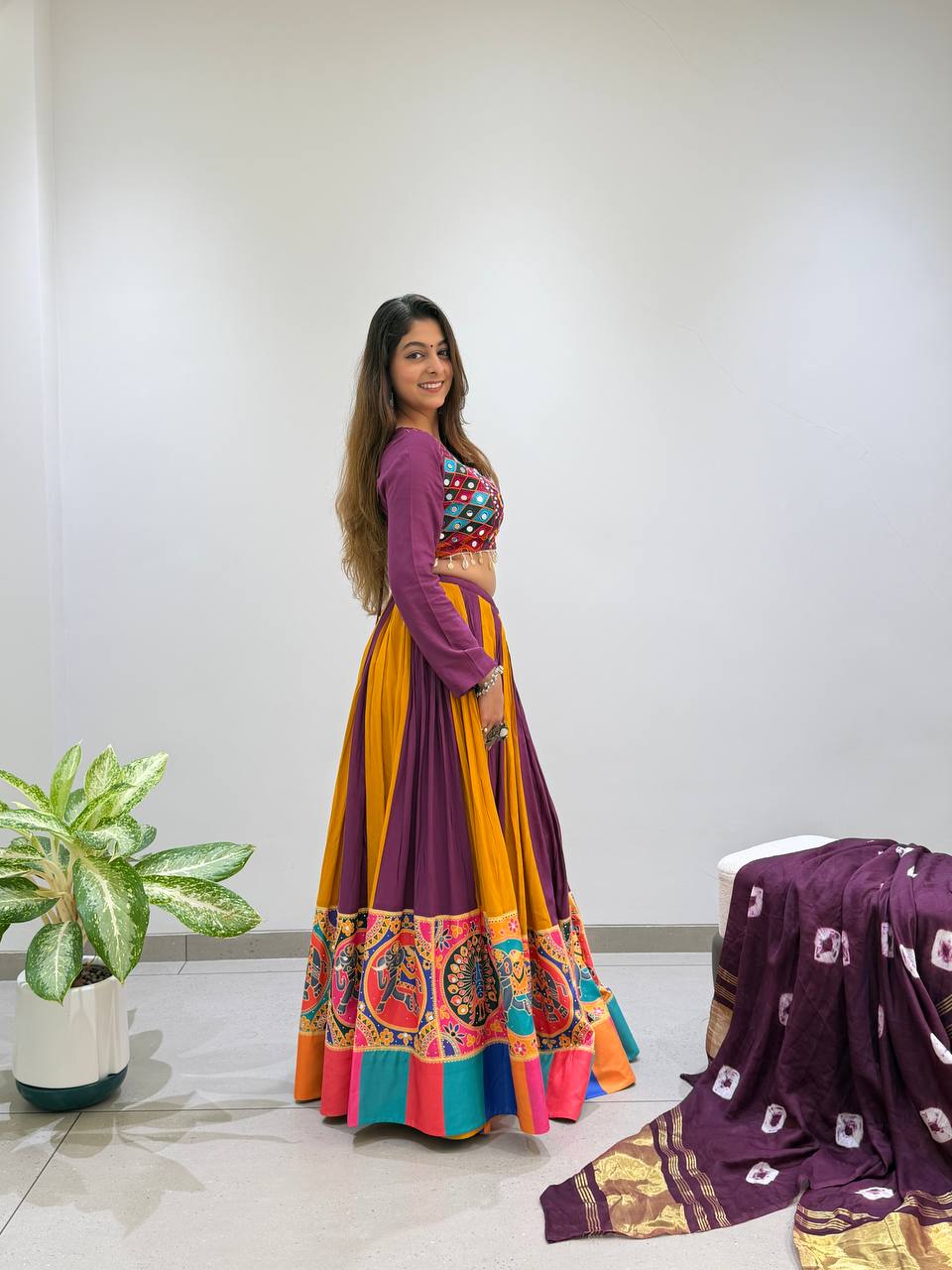 2026 Navratri Lehenga Choli with Bandhni Lagdi Patta Dupatta | 6 Meter Full Flair | Real Mirror & Jarkan Work | Reyon Fabric   HE-BUY-(R)-25