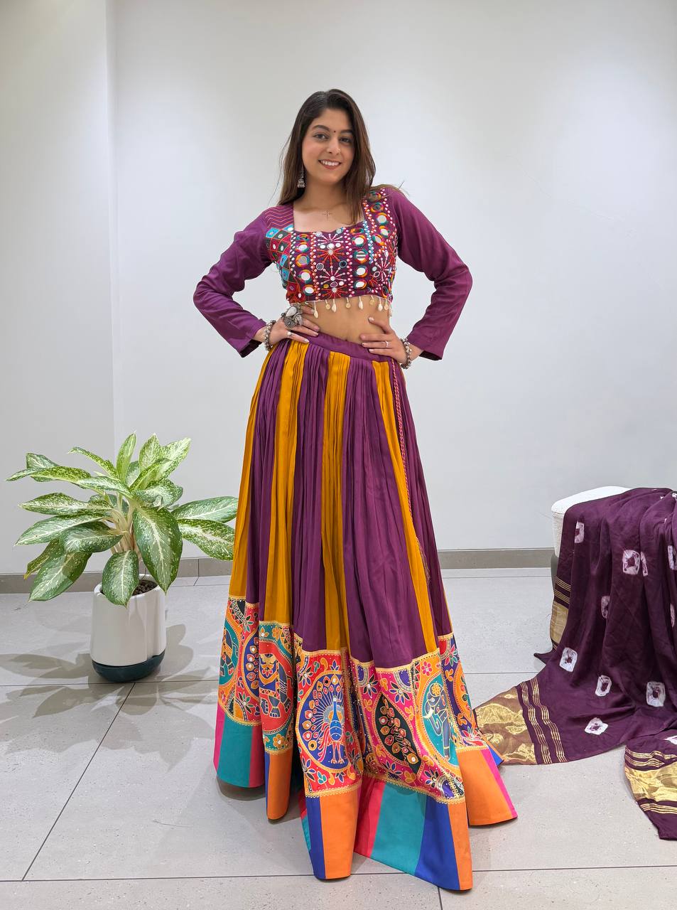 2026 Navratri Lehenga Choli with Bandhni Lagdi Patta Dupatta | 6 Meter Full Flair | Real Mirror & Jarkan Work | Reyon Fabric   HE-BUY-(R)-25