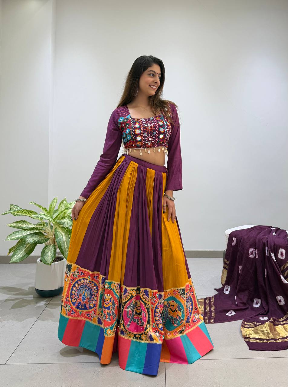 2026 Navratri Lehenga Choli with Bandhni Lagdi Patta Dupatta | 6 Meter Full Flair | Real Mirror & Jarkan Work | Reyon Fabric   HE-BUY-(R)-25