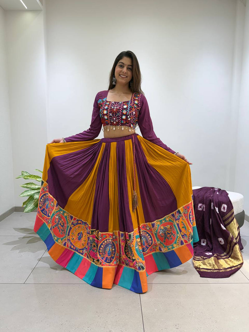 2026 Navratri Lehenga Choli with Bandhni Lagdi Patta Dupatta | 6 Meter Full Flair | Real Mirror & Jarkan Work | Reyon Fabric   HE-BUY-(R)-25