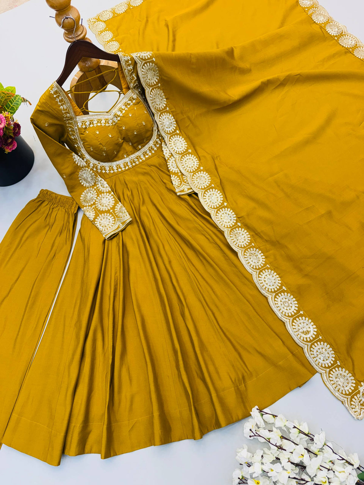 Premium Roman Silk Embroidered Anarkali Suit Set with Bottom & Chanderi Dupatta | Designer Party & Festive Wear HE-BUY-(S)-5026