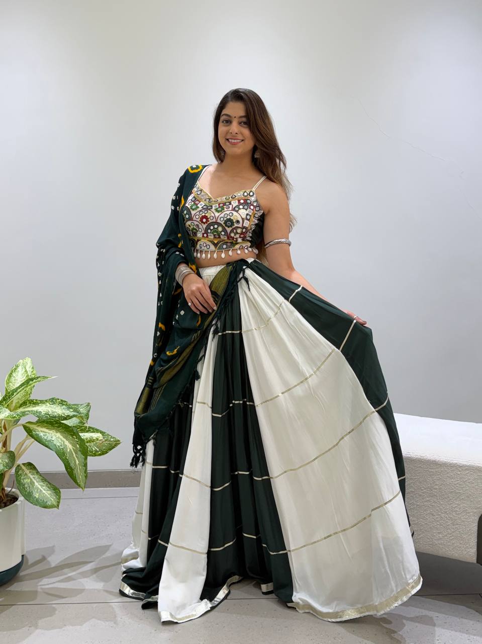 2026 Navratri Lehenga Choli with Bandhni Dupatta | 6 Meter Full Flair | Real Mirror Embroidery | Reyon Fabric | Festive Wear HE-BUY-(R)-25