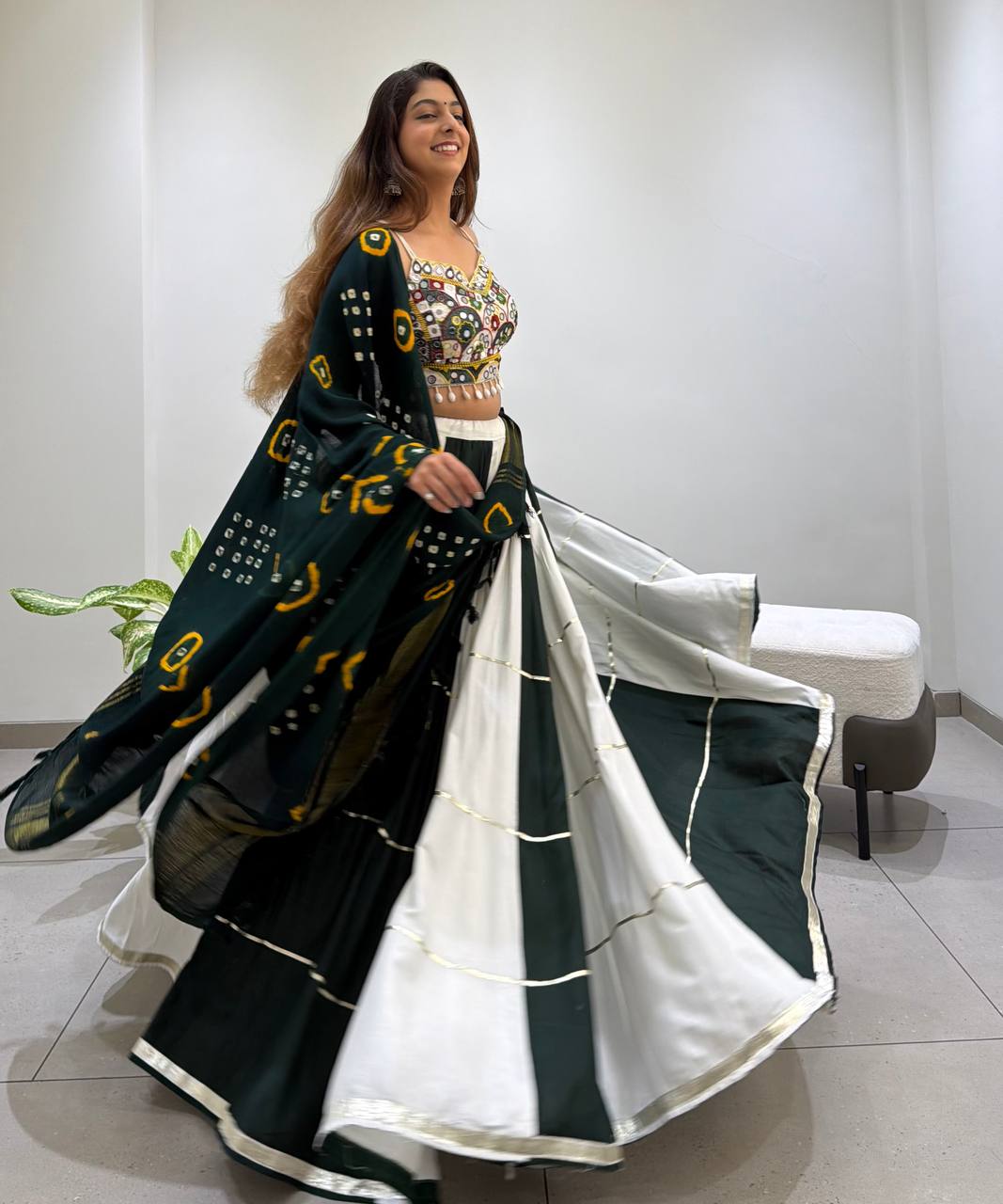 2026 Navratri Lehenga Choli with Bandhni Dupatta | 6 Meter Full Flair | Real Mirror Embroidery | Reyon Fabric | Festive Wear HE-BUY-(R)-25