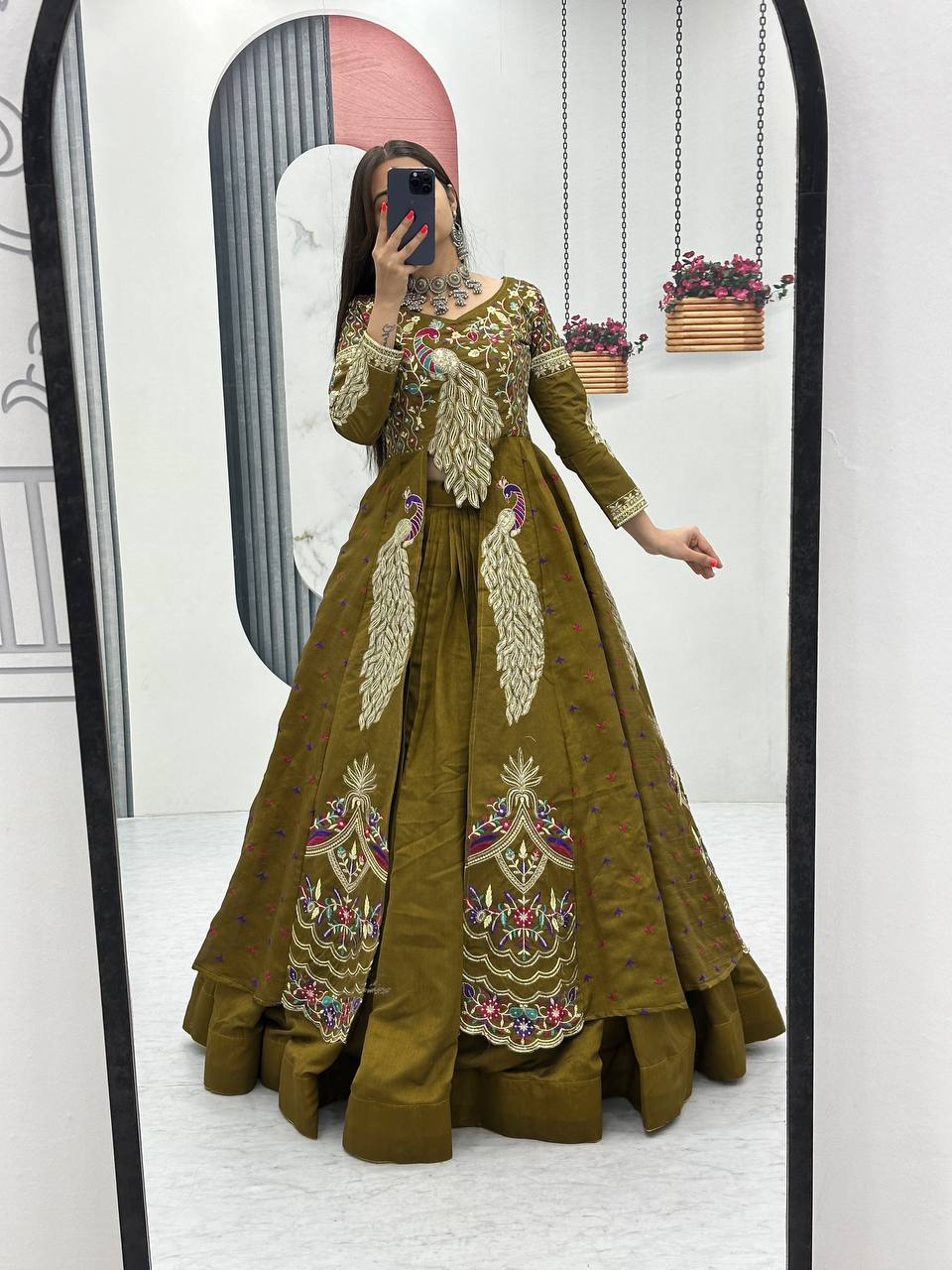 Premium Pure Vichitra Festival Special Crop Top with Lehenga & Shrug Set for Women | Heavy Thread & Sequence Work | Designer Party & Wedding Wear Collection