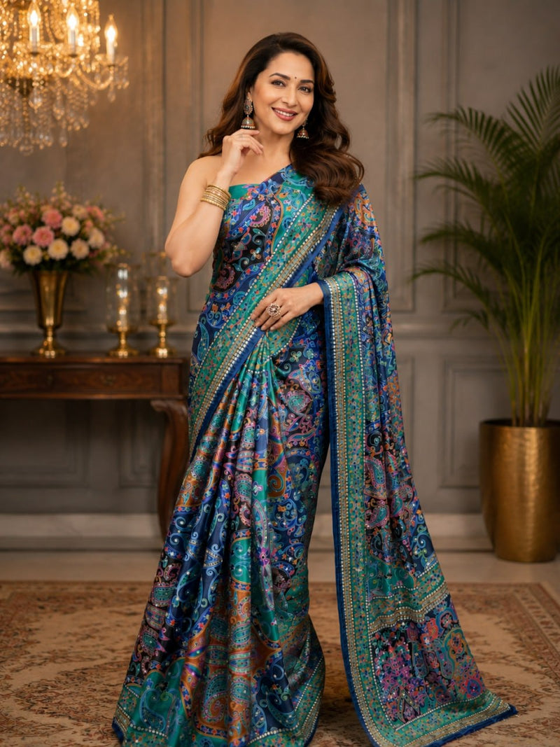Designer Soft Chinon Silk Saree with Real Mirror Handwork, Piping Border & Latkan Tassels | Digital Print Festive Saree HE-BUY-(Z)-0130