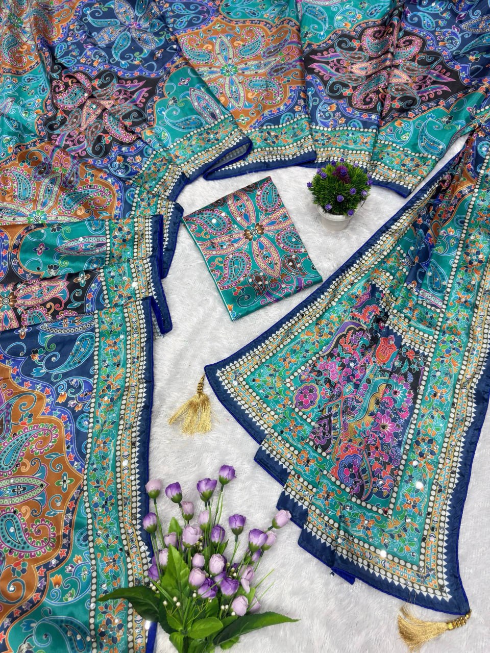 Designer Soft Chinon Silk Saree with Real Mirror Handwork, Piping Border & Latkan Tassels | Digital Print Festive Saree HE-BUY-(Z)-0130