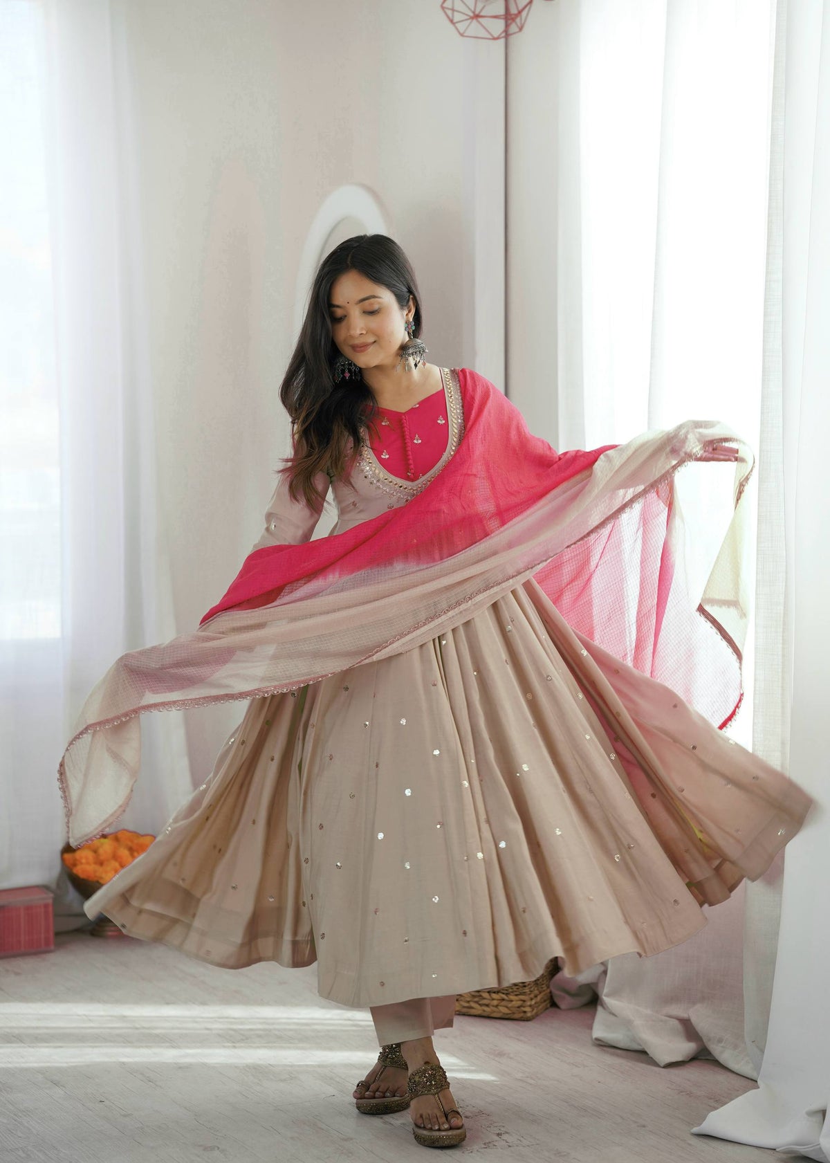Elegant Roman Silk Anarkali Gown Set with Embroidery, Sequence & Real Mirror Work | 3.75-Meter Flair | Designer Festive Wear HE-BUY-(S)-5023