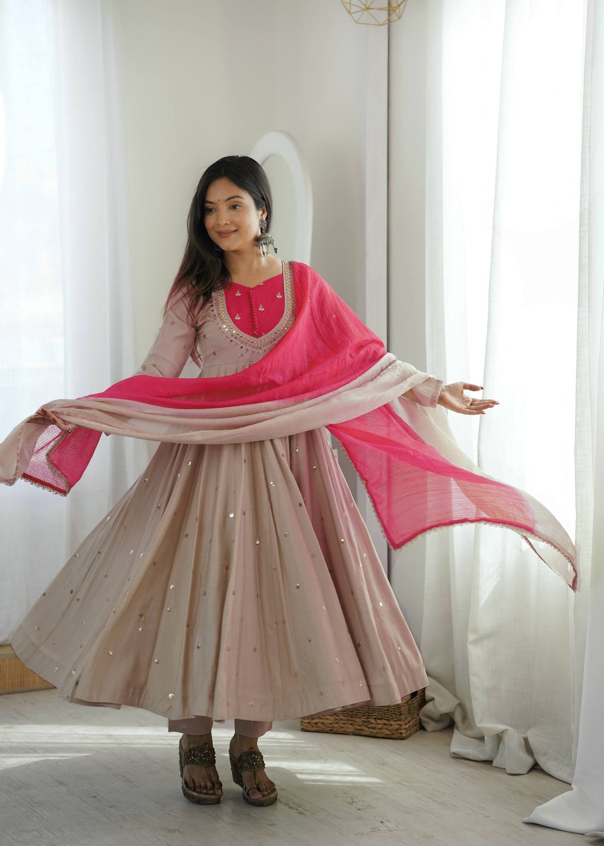 Elegant Roman Silk Anarkali Gown Set with Embroidery, Sequence & Real Mirror Work | 3.75-Meter Flair | Designer Festive Wear HE-BUY-(S)-5023